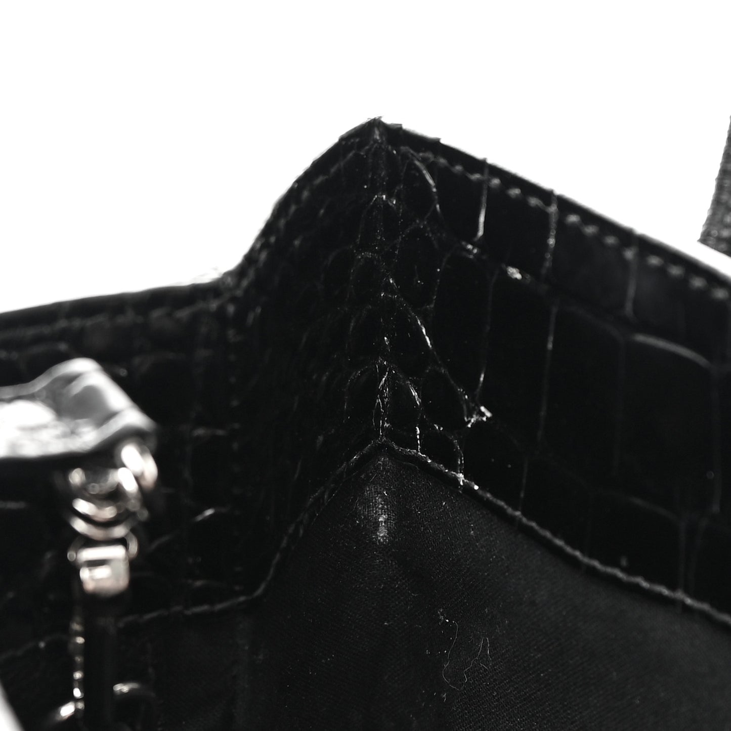 Shiny Calfskin Logo Crocodile Embossed North South Shopper Tote XXS Black White