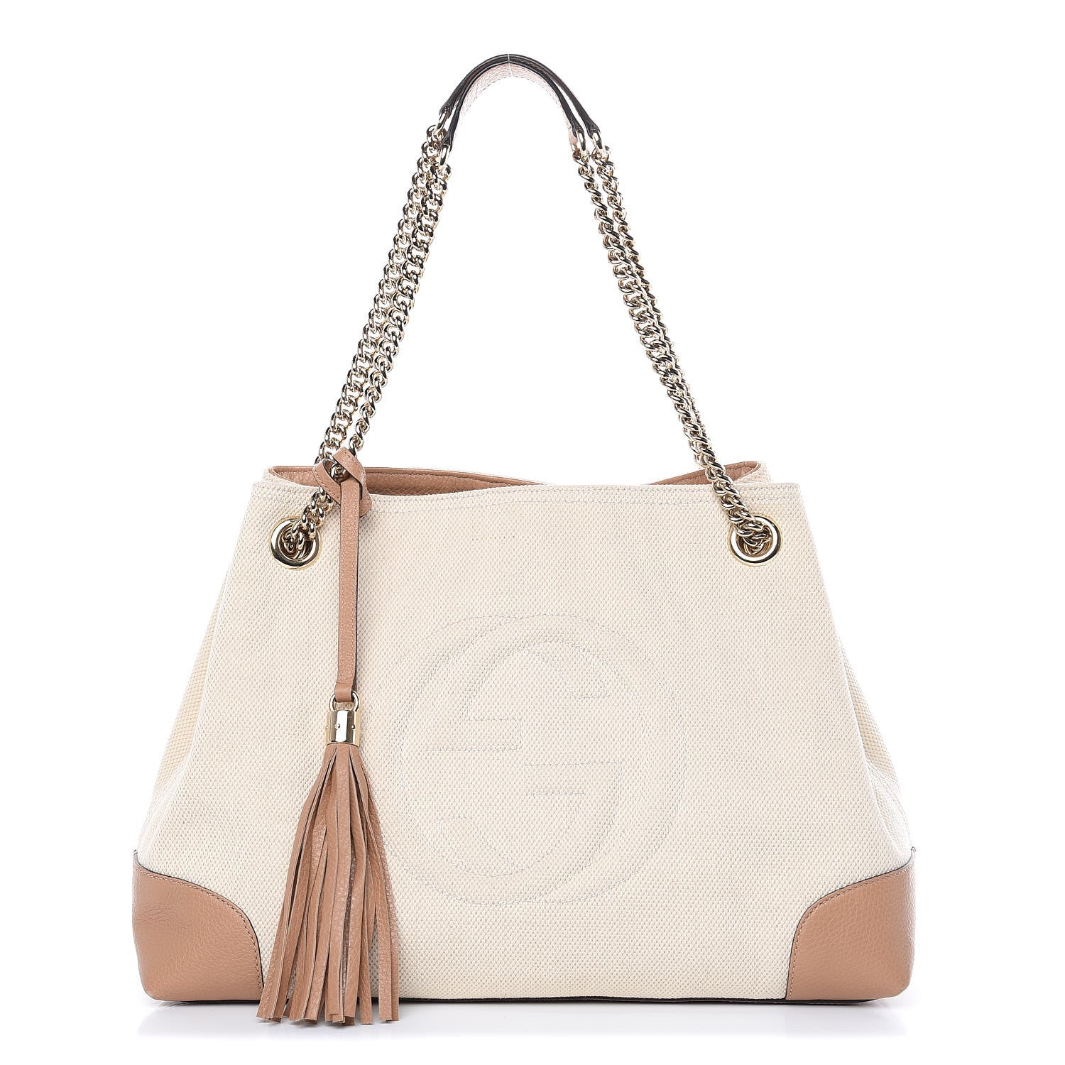 Gucci Linen Canvas Pebbled Calfskin Medium Soho Chain Shoulder Bag White Camelia 1 of 10