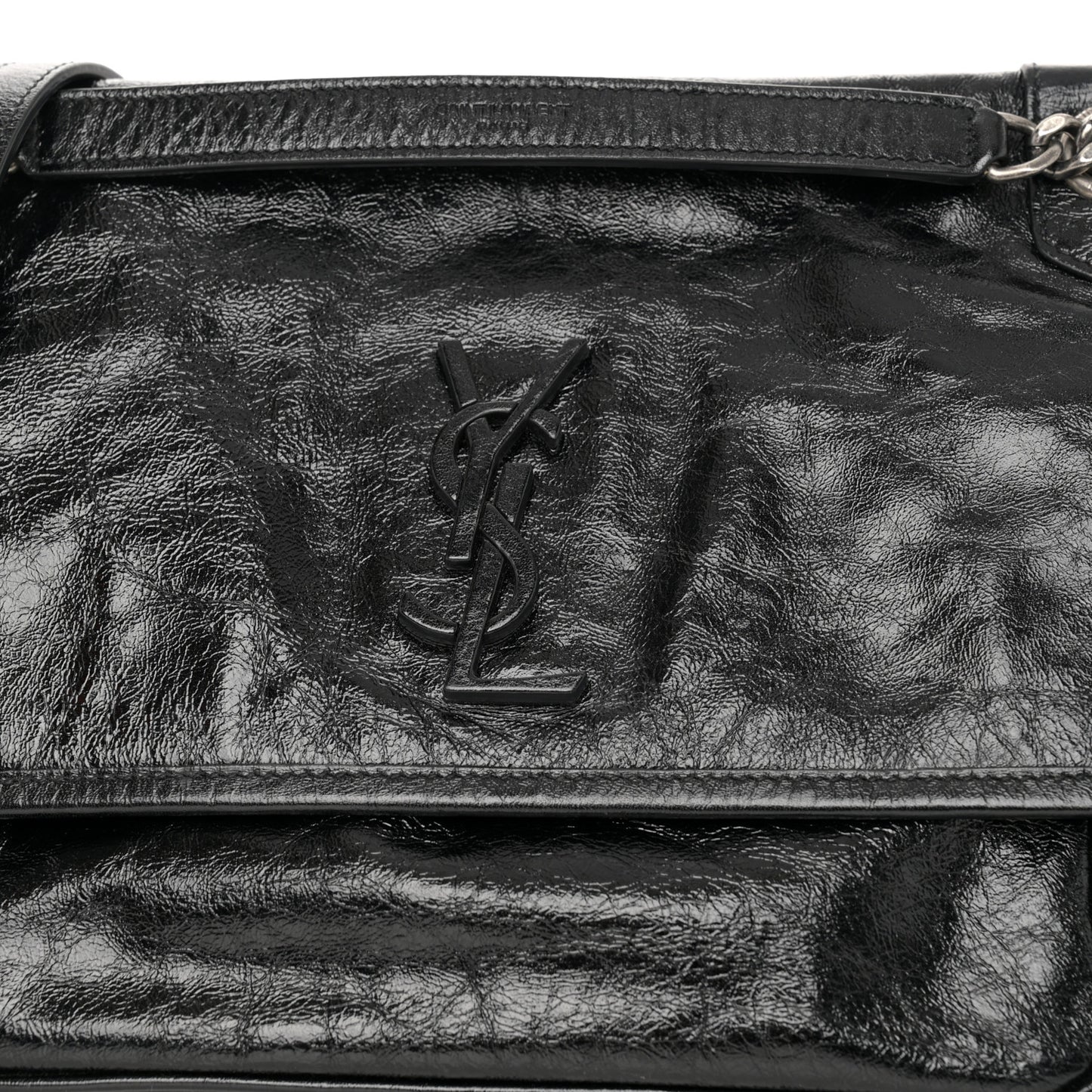 Crinkled Calfskin Monogram Medium Niki Chain Satchel Black