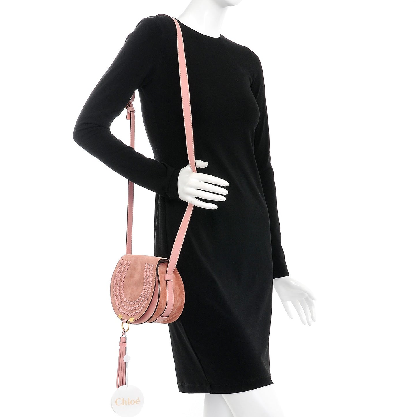 Suede Calfskin Braided Mini Marcie Round Crossbody Bag Washed Pink