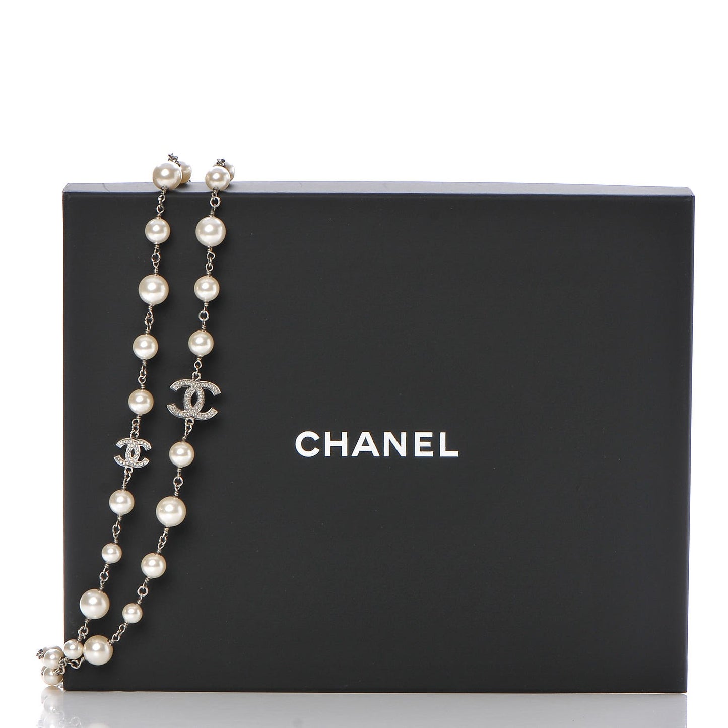 Crystal Pearl CC Long Necklace Silver