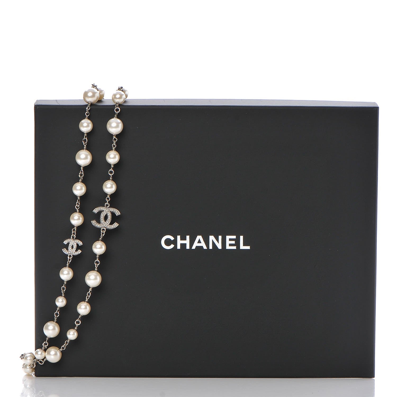 Chanel Crystal Pearl CC Long Necklace Silver 6 of 6