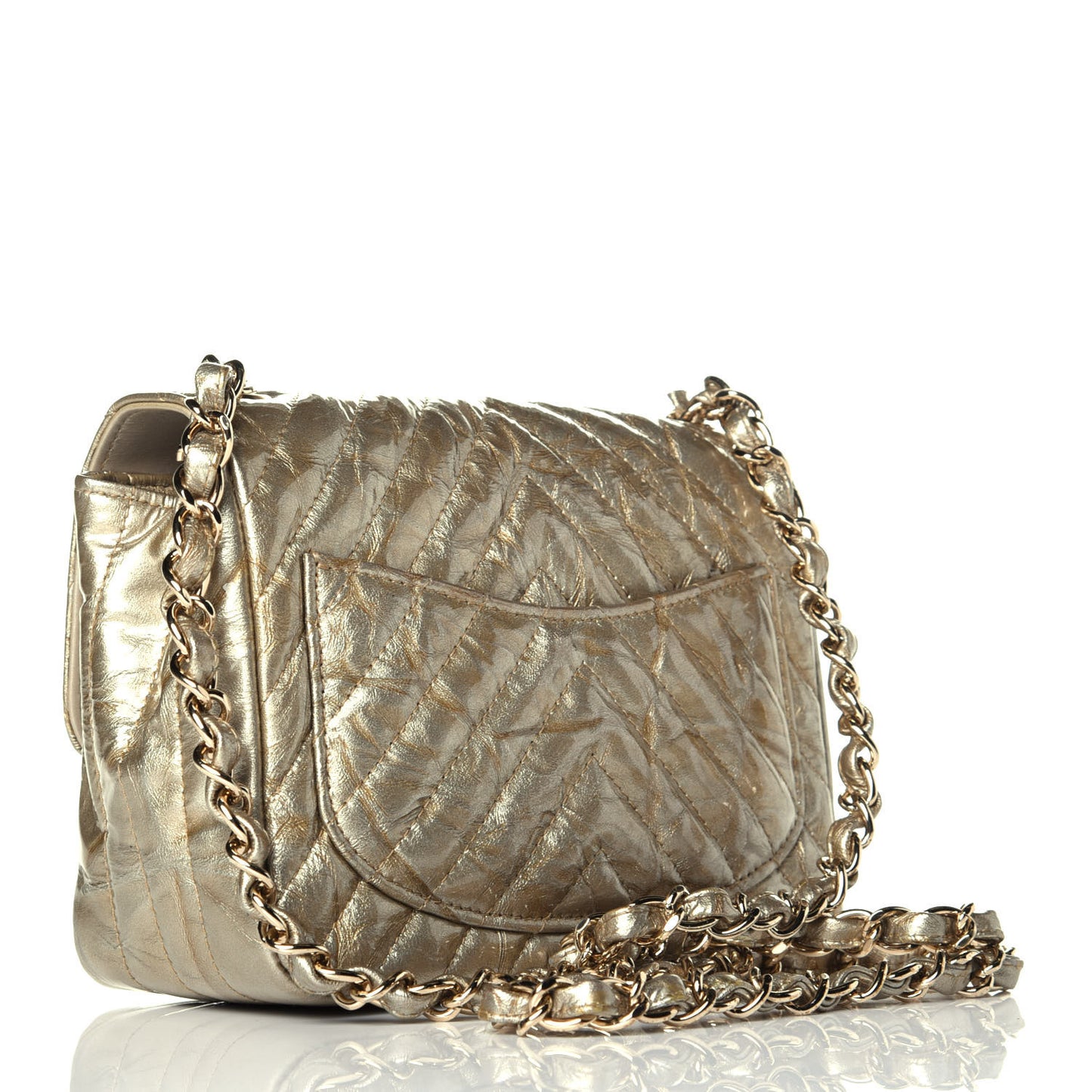 Patent Metallic Crumpled Calfskin Chevron Quilted Mini Square Flap Gold