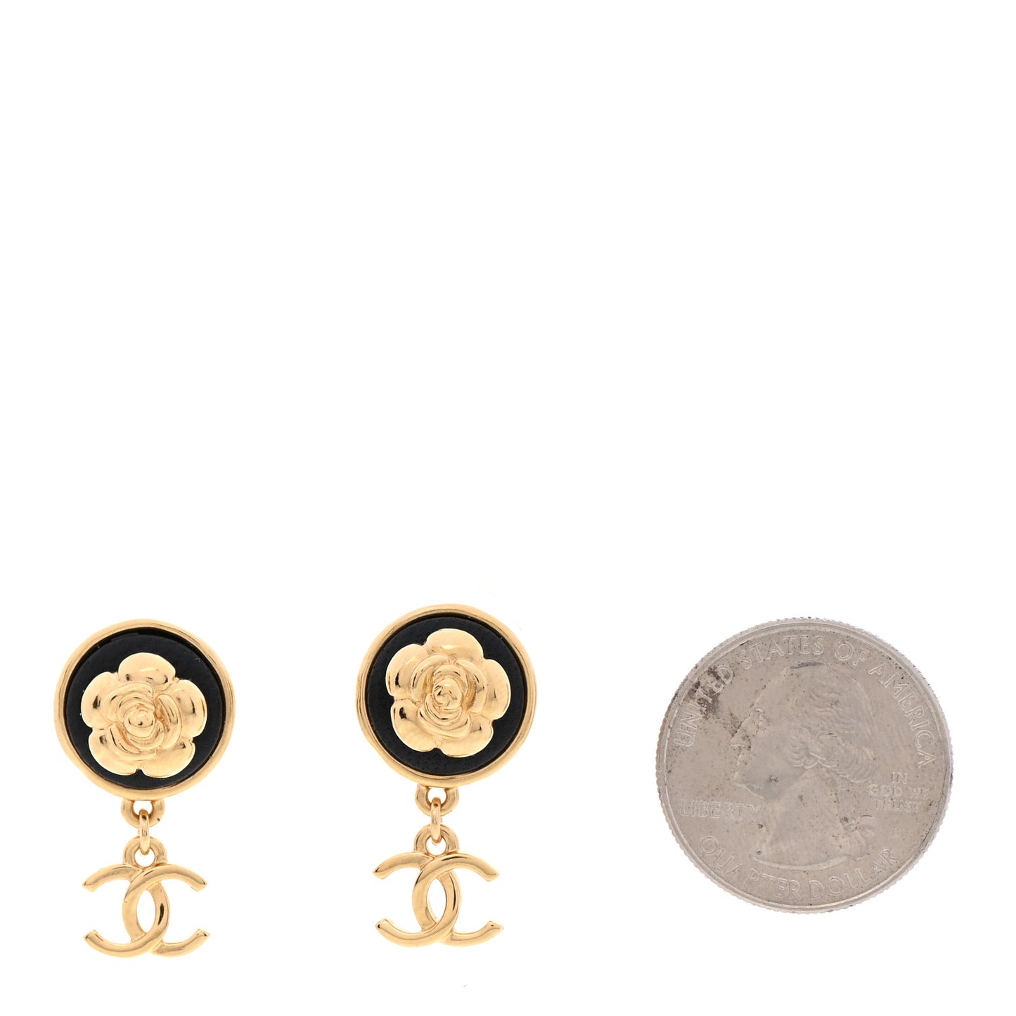 Metal Lambskin Camellia CC Drop Earrings Gold Black