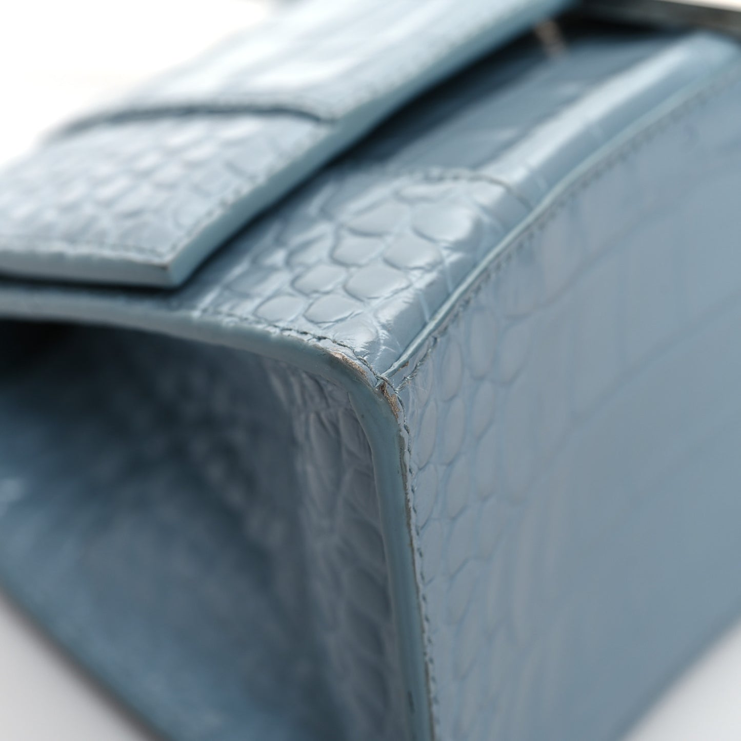 Shiny Calfskin Crocodile Embossed Small Hourglass Top Handle Bag Blue Grey