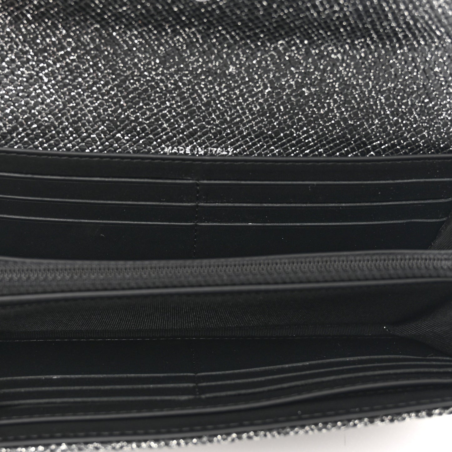 Glittered Calfskin Quilted Large Gusset Flap Wallet Dark Grey