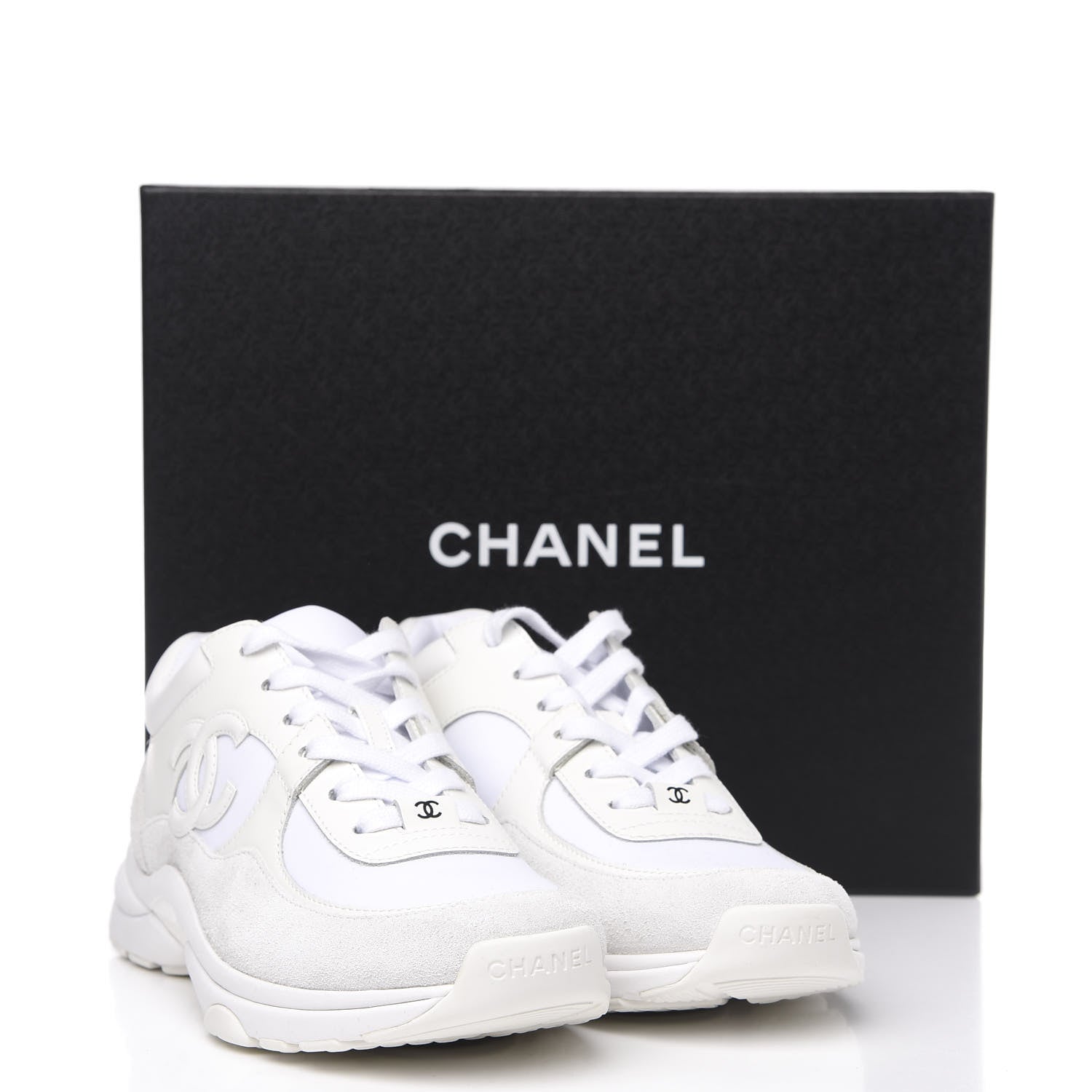 Chanel Suede Calfskin Fabric CC Sneakers 38.5 White 9 of 9