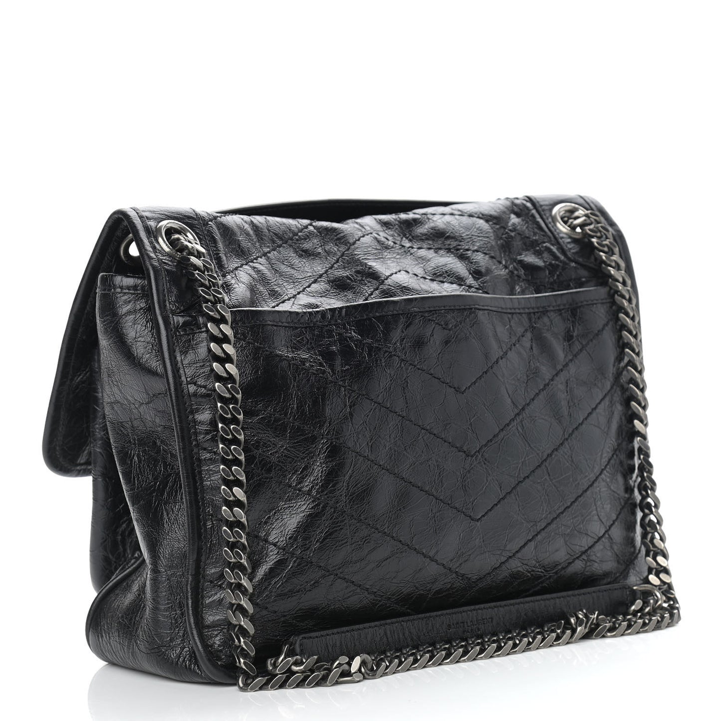 Crinkled Calfskin Matelasse Monogram Medium Niki Chain Satchel Black