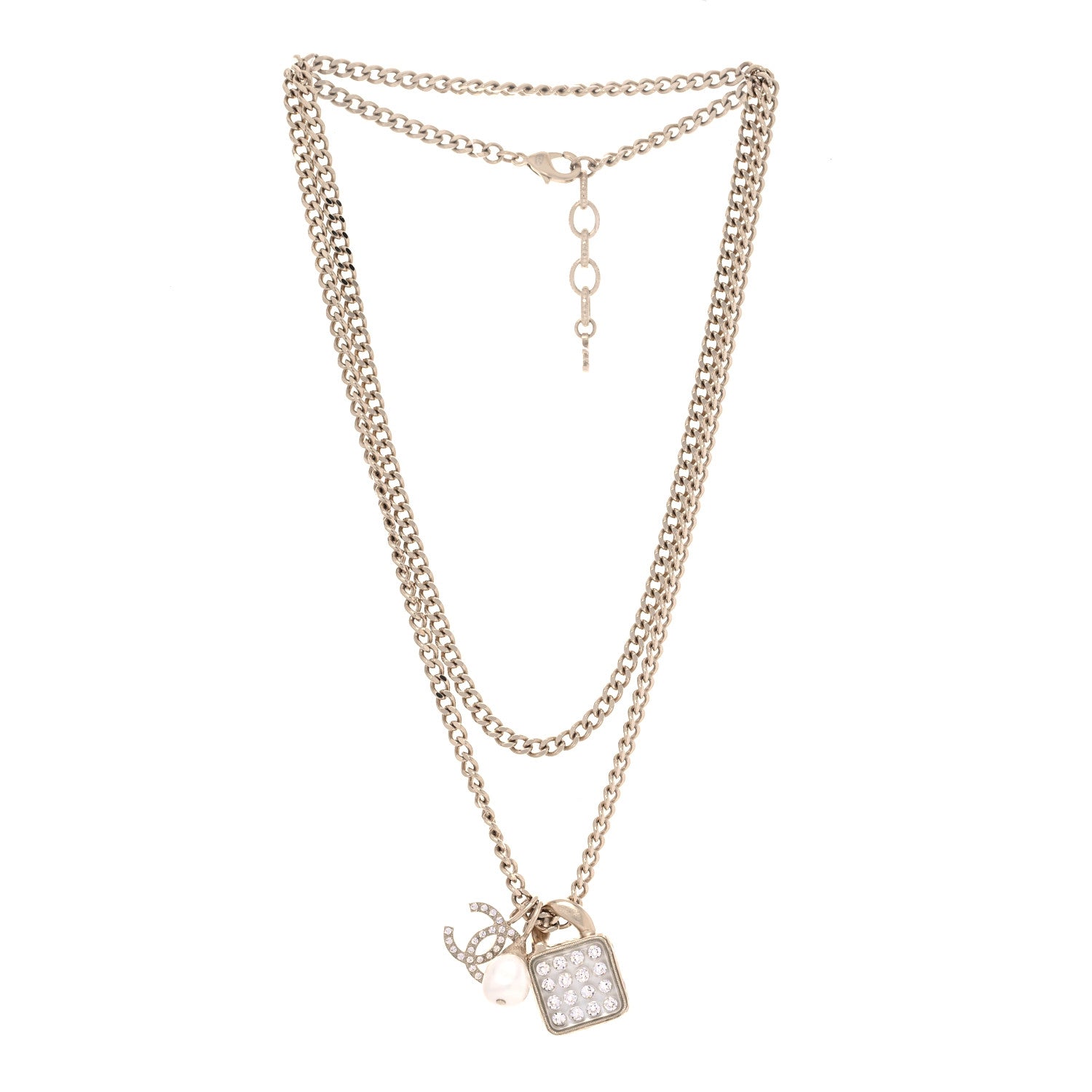 Chanel Crystal Pearl Resin CC Drop Multi Strand Chain Necklace Gold Pearly White 3 of 7