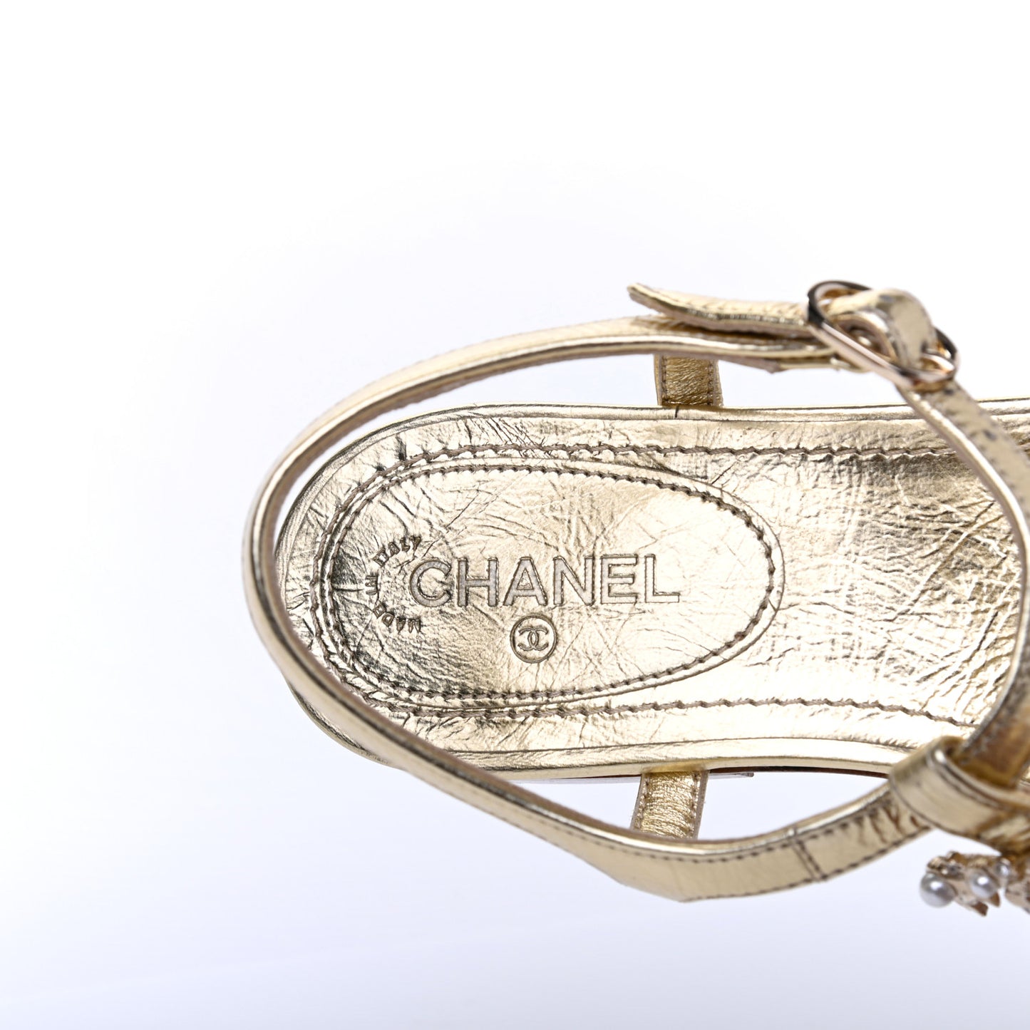 Aged Metallic Calfskin Pearl Crystal CC Charm Thong Sandals 35 Gold