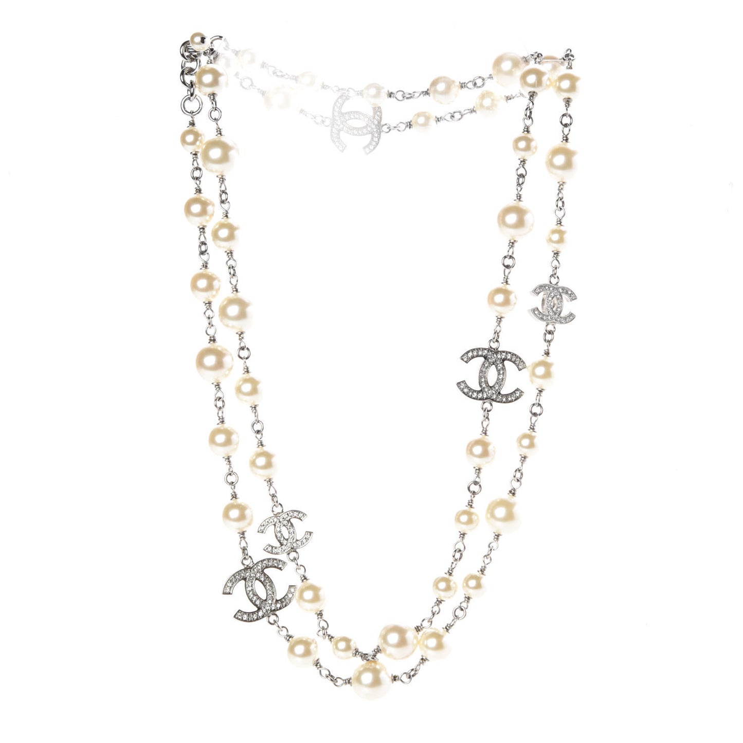 Crystal Pearl CC Long Necklace Silver