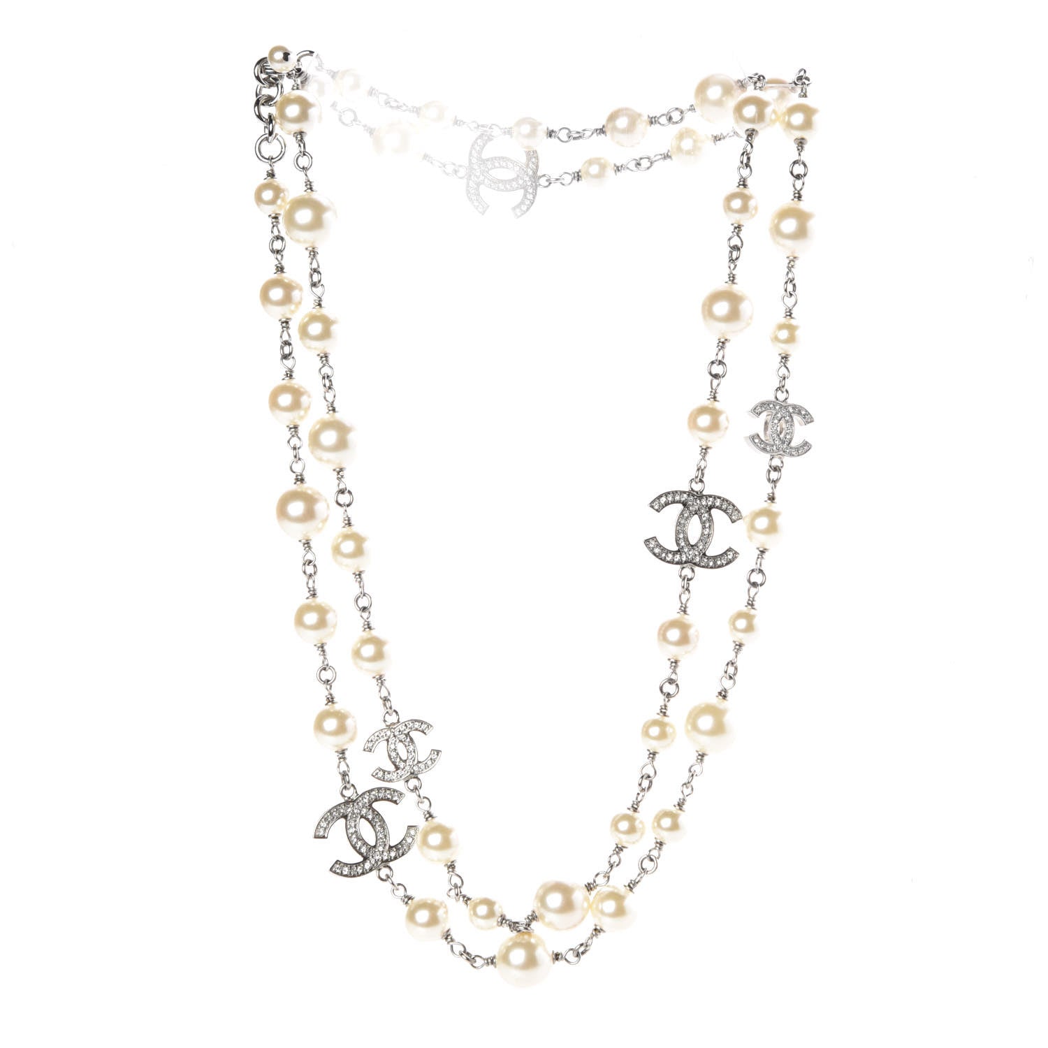 Chanel Crystal Pearl CC Long Necklace Silver 3 of 5