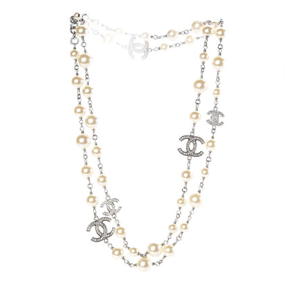 Chanel Crystal Pearl CC Long Necklace Silver 3 of 5