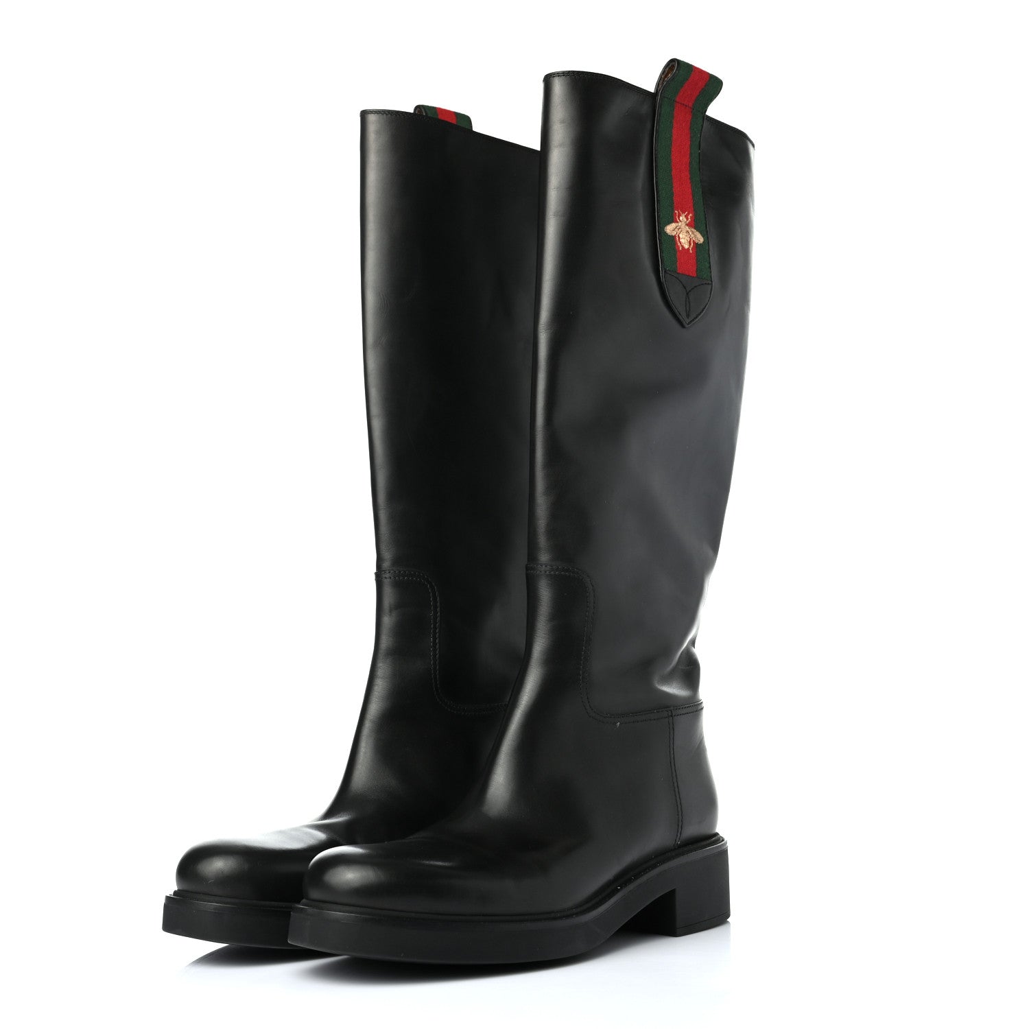 Gucci Calfskin Web Bee Tall Riding Boots 41 Black 3 of 9