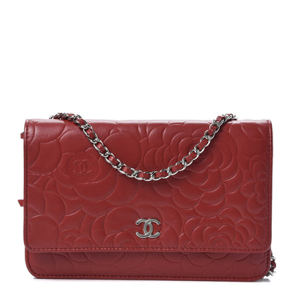 Chanel Lambskin Camellia Embossed Wallet On Chain WOC Red 1 of 11