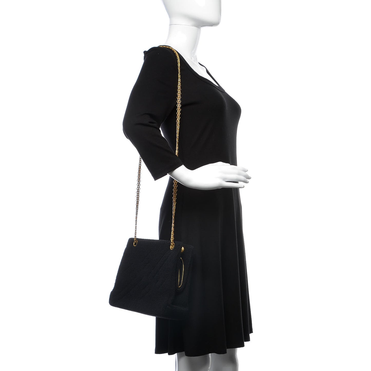 Wool Boucle Chevron Quilted Shoulder Bag Black