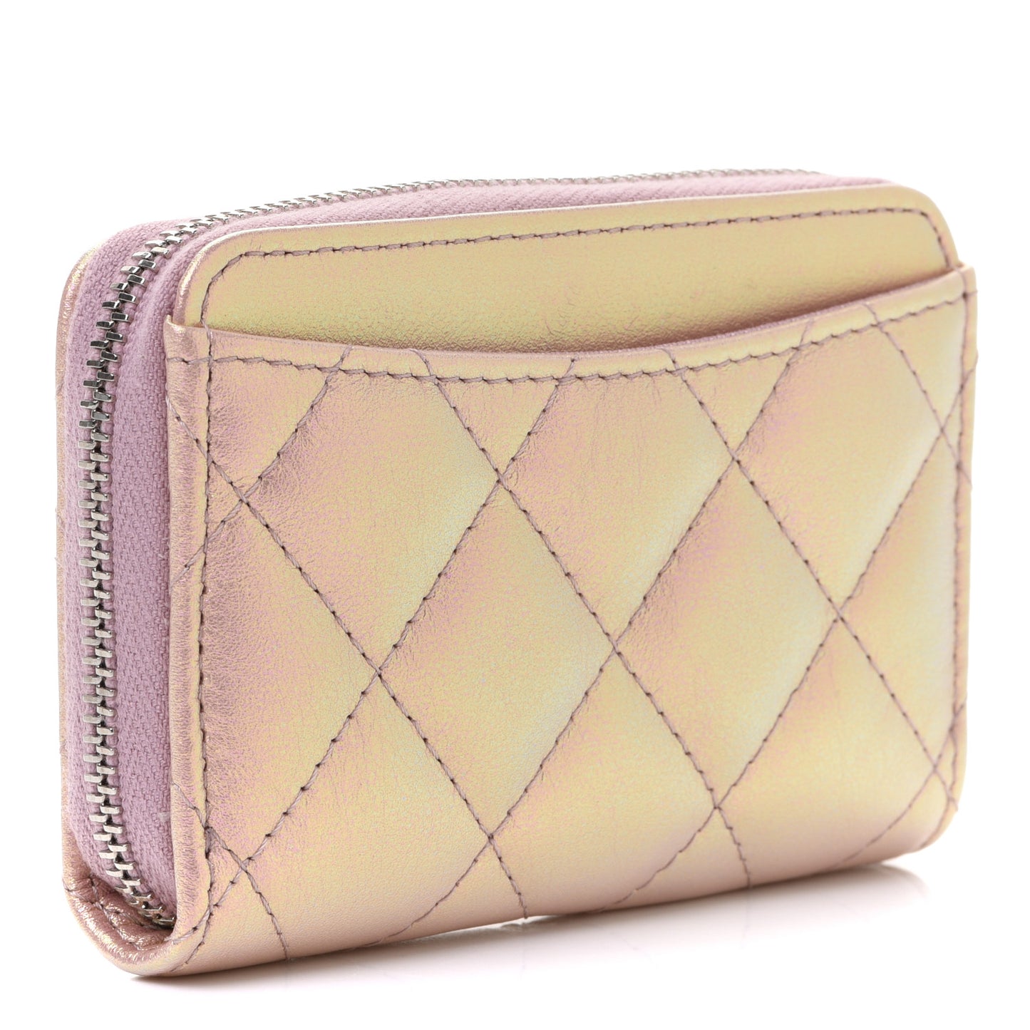 Iridescent Calfskin Quilted Zip Coin Purse Wallet Pink
