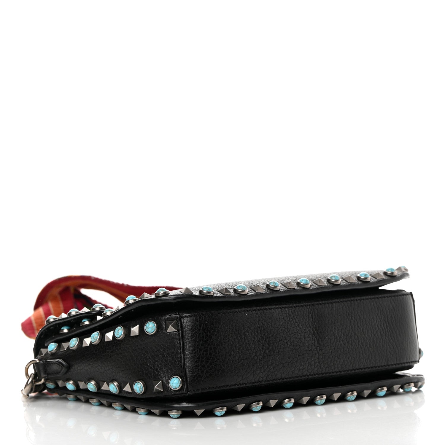 Valentino Garavani Pebbled Calfskin Turquoise Medium Guitar Strap Rockstud Rolling Flap Saddle Bag Black 4 of 17