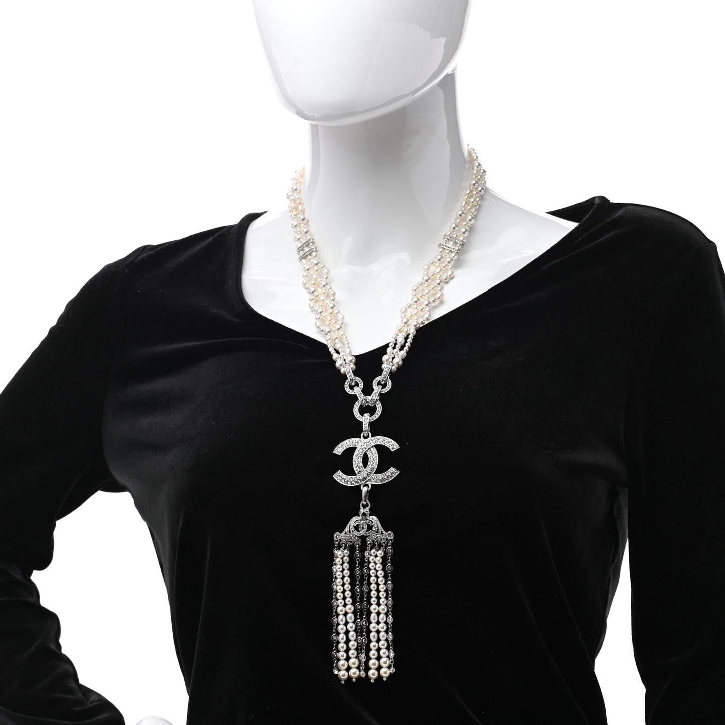 Crystal Pearl CC Drop Necklace Silver