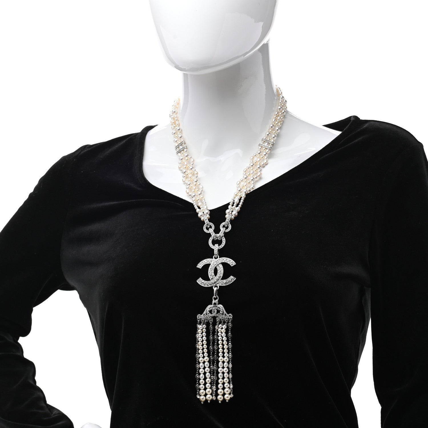Chanel Crystal Pearl CC Drop Necklace Silver 2 of 7
