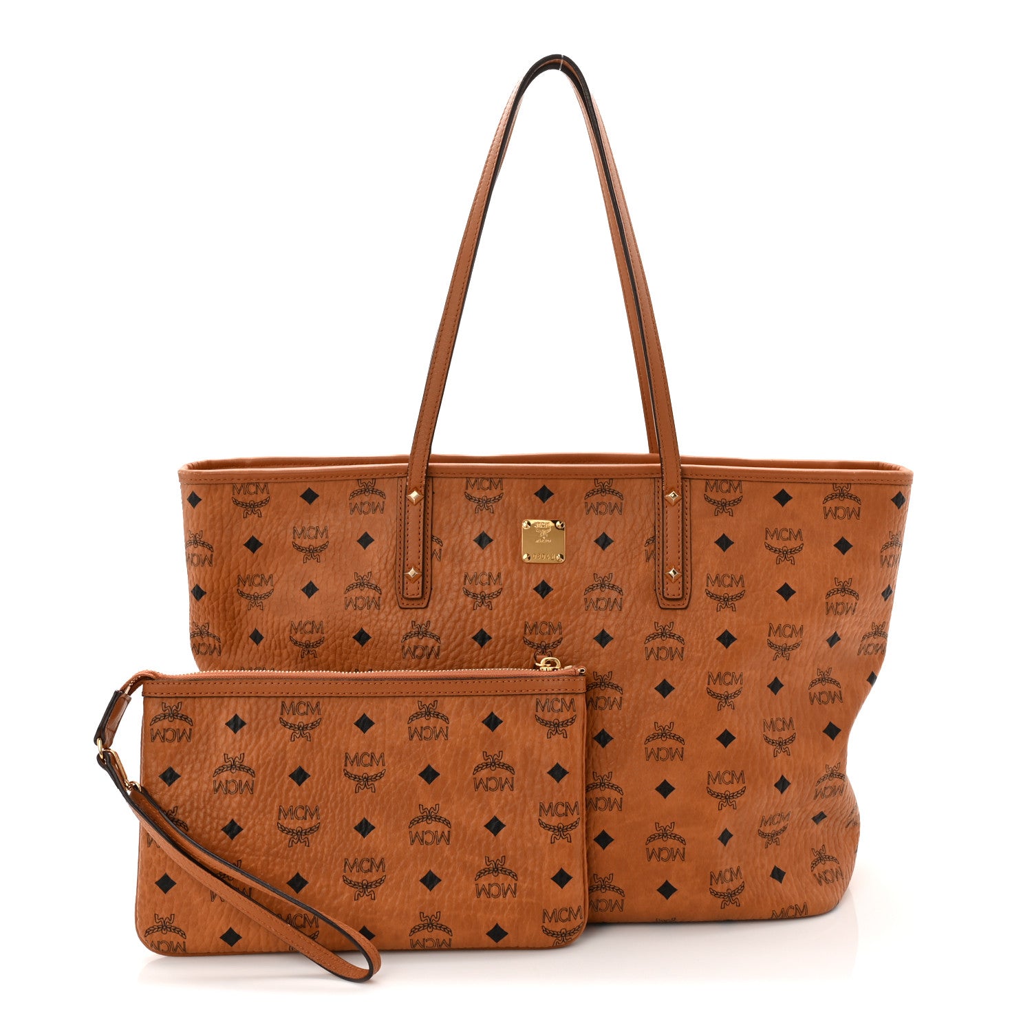 MCM Visetos Medium Anya Top Zip Shopper Tote Cognac 1819511