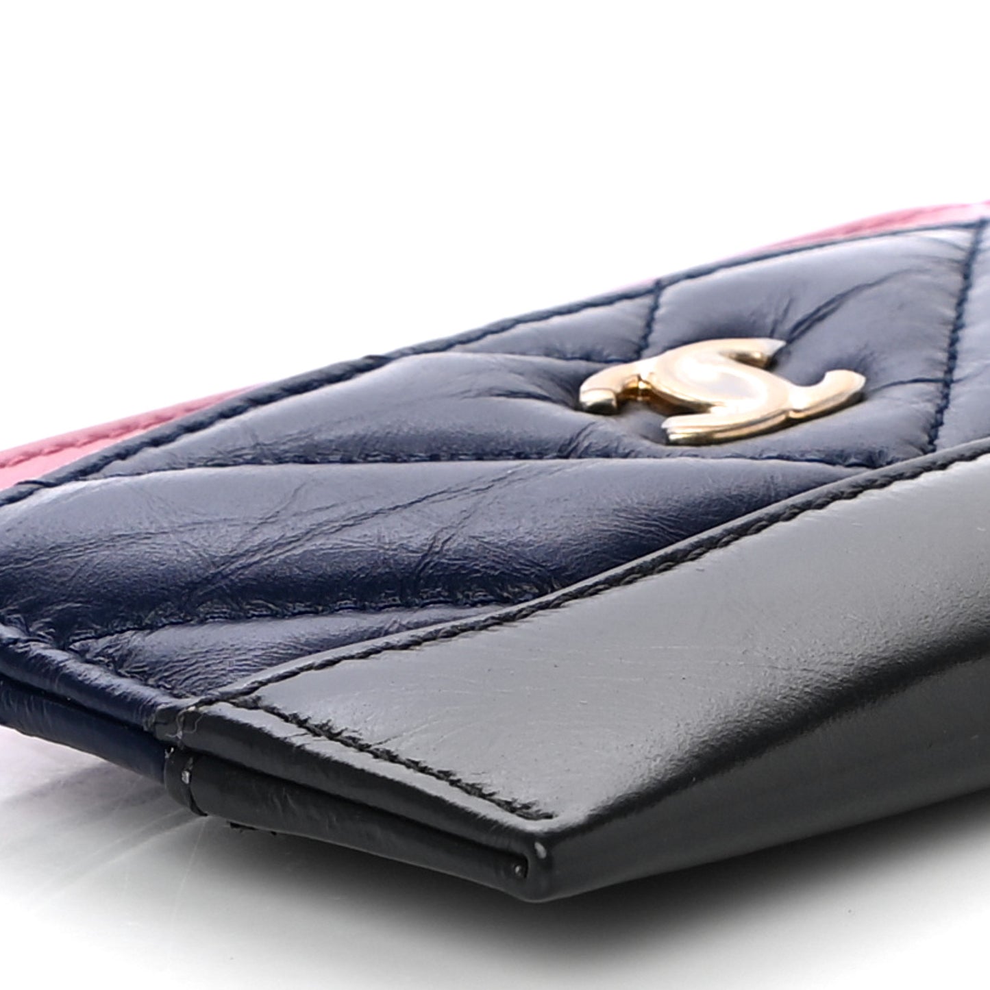 Aged Calfskin Chevron Quilted Gabrielle Card Holder Wallet Pink Navy Charcoal