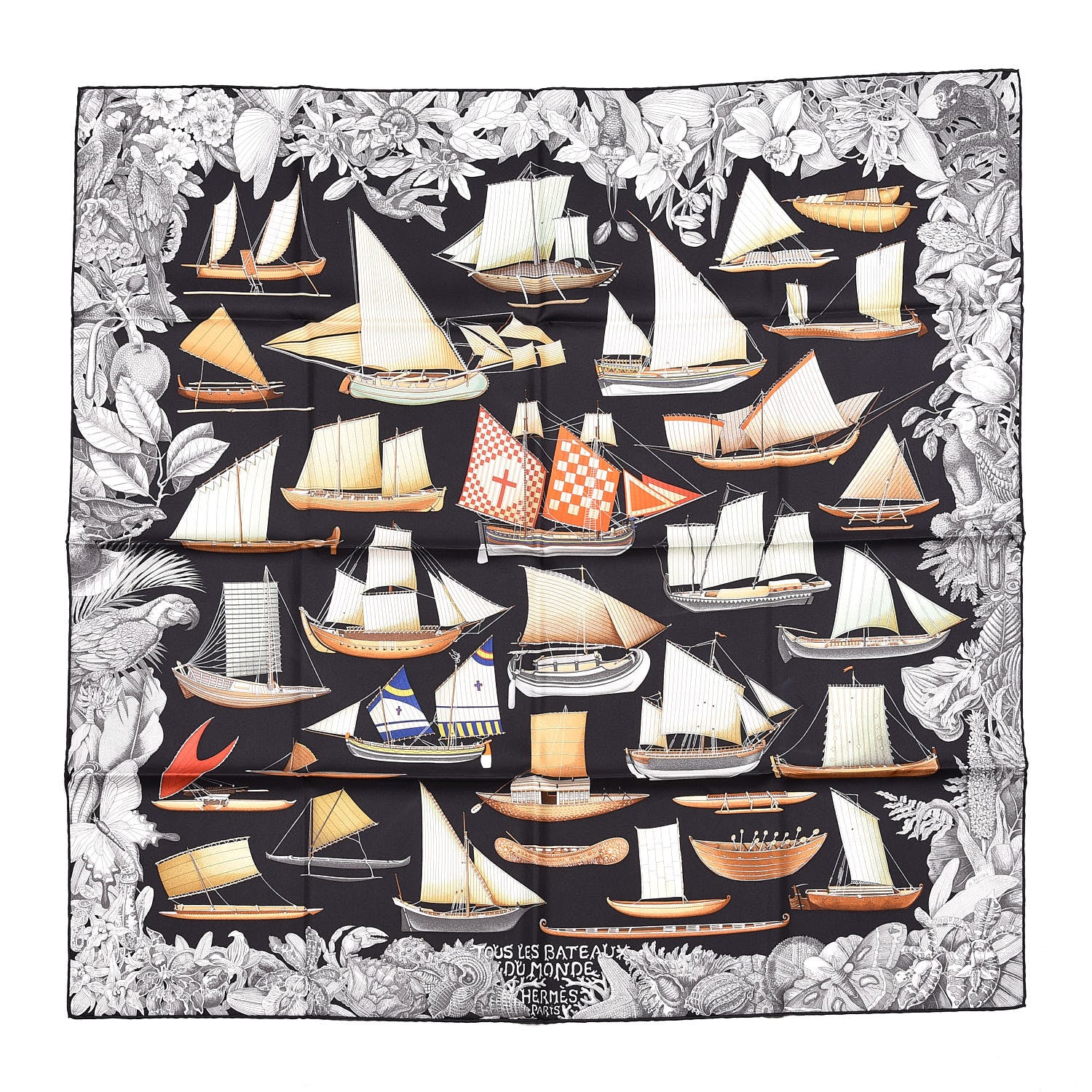 Hermes Silk Tous Les Bateaux Du Monde Scarf 90 Black Gris Marron 1 of 5