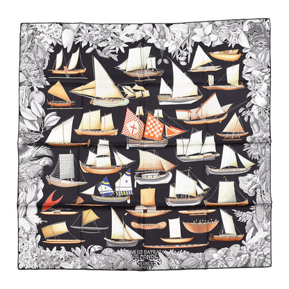Hermes Silk Tous Les Bateaux Du Monde Scarf 90 Black Gris Marron 1 of 5