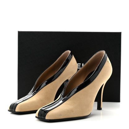 Chanel Suede Patent Calfskin Pumps 38 Beige Black 13 of 13