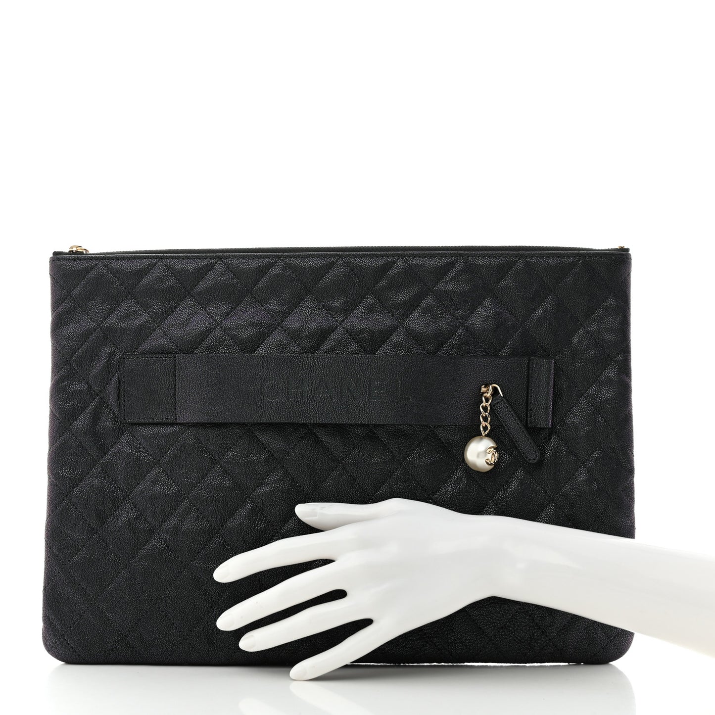 Iridescent Caviar Large Night by the C Pouch Clutch Black