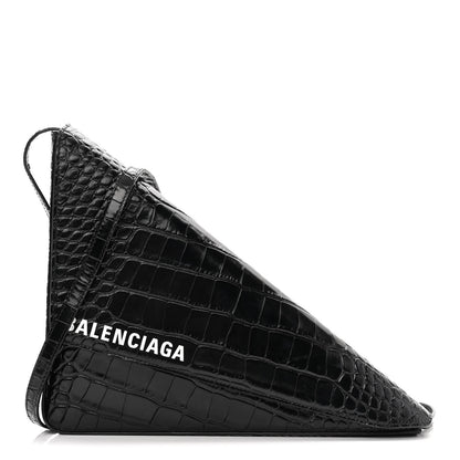 Balenciaga Calfskin Logo Crocodile Embossed Triangle Clutch Black White 1 of 9