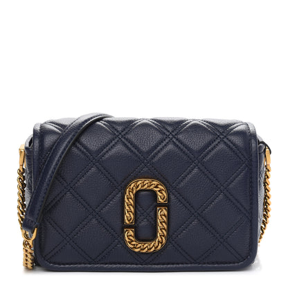 Marc Jacobs Grained Calfskin Quilted Double Stitched The Status Flap Crossbody Bag Navy 1 of 9