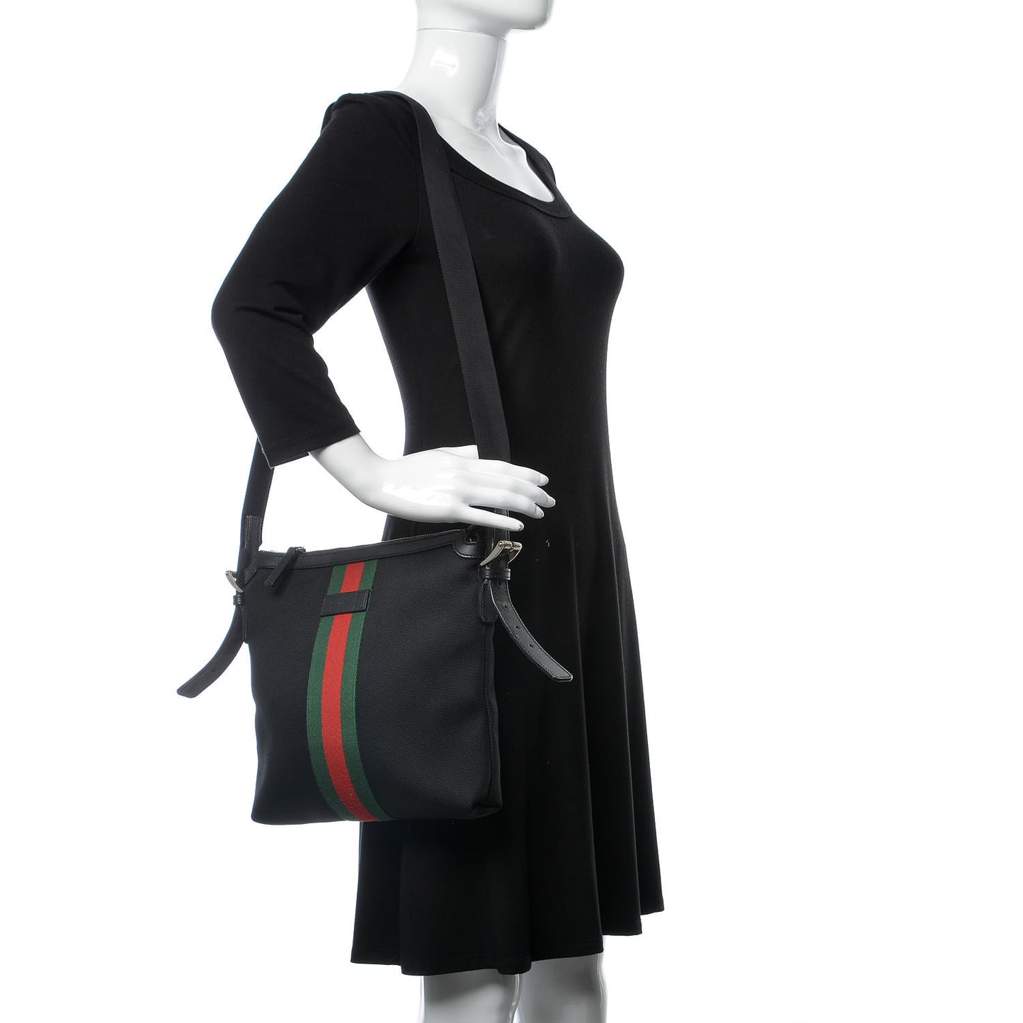 Techno Canvas Selleria Calfskin Web Small Flat Messenger Bag Black