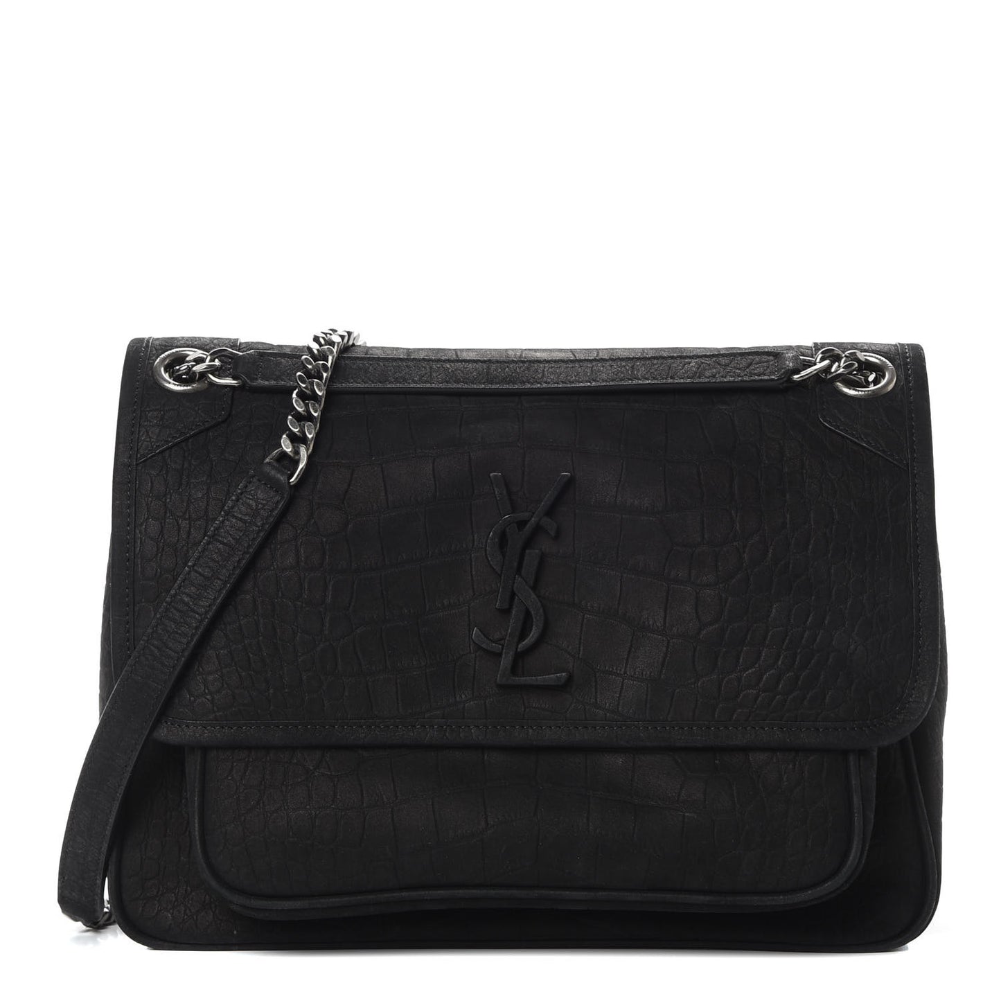 Nubuck Crocodile Embossed Monogram Medium Niki Chain Satchel Black