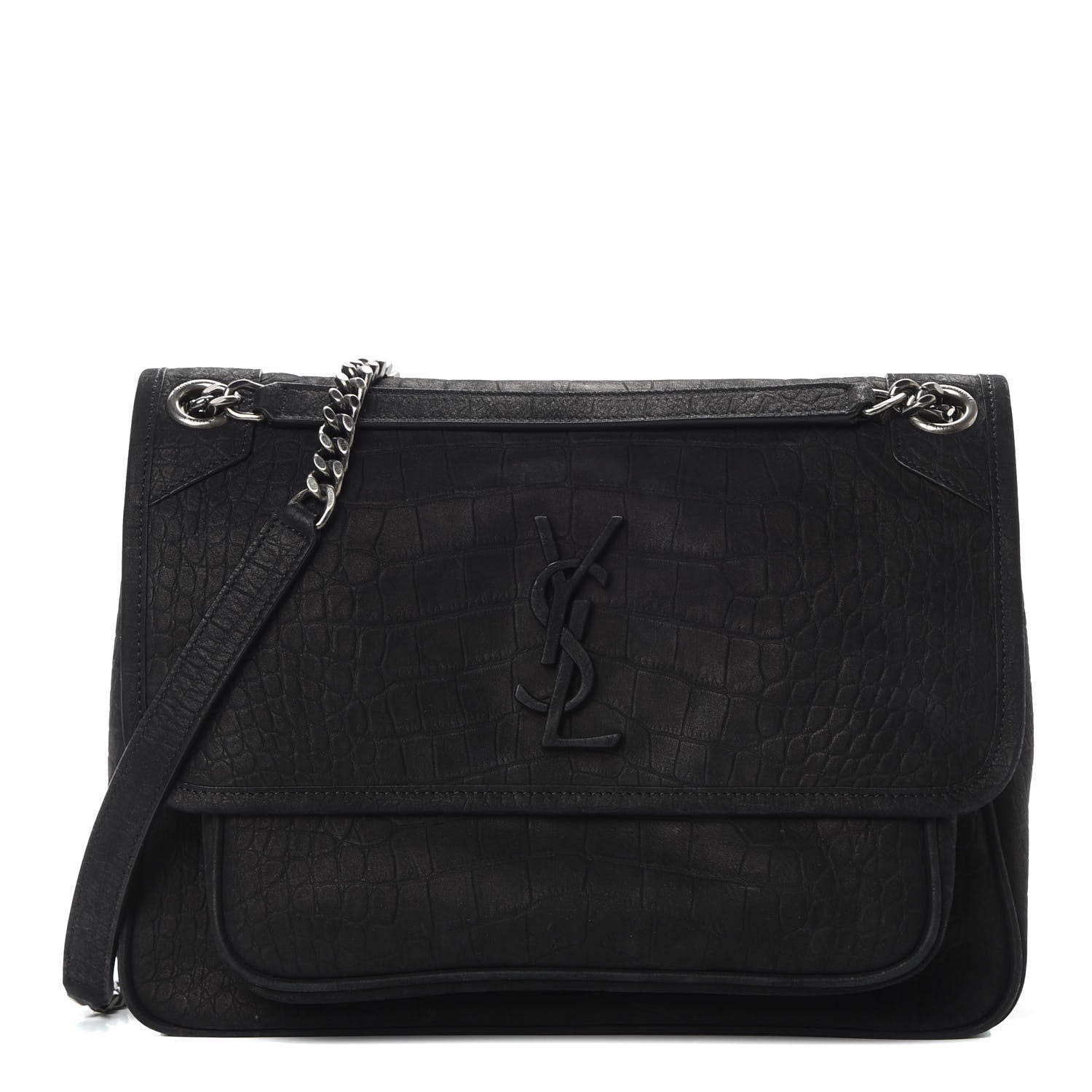 Saint Laurent Nubuck Crocodile Embossed Monogram Medium Niki Chain Satchel Black 1 of 14