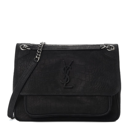 Saint Laurent Nubuck Crocodile Embossed Monogram Medium Niki Chain Satchel Black 1 of 14