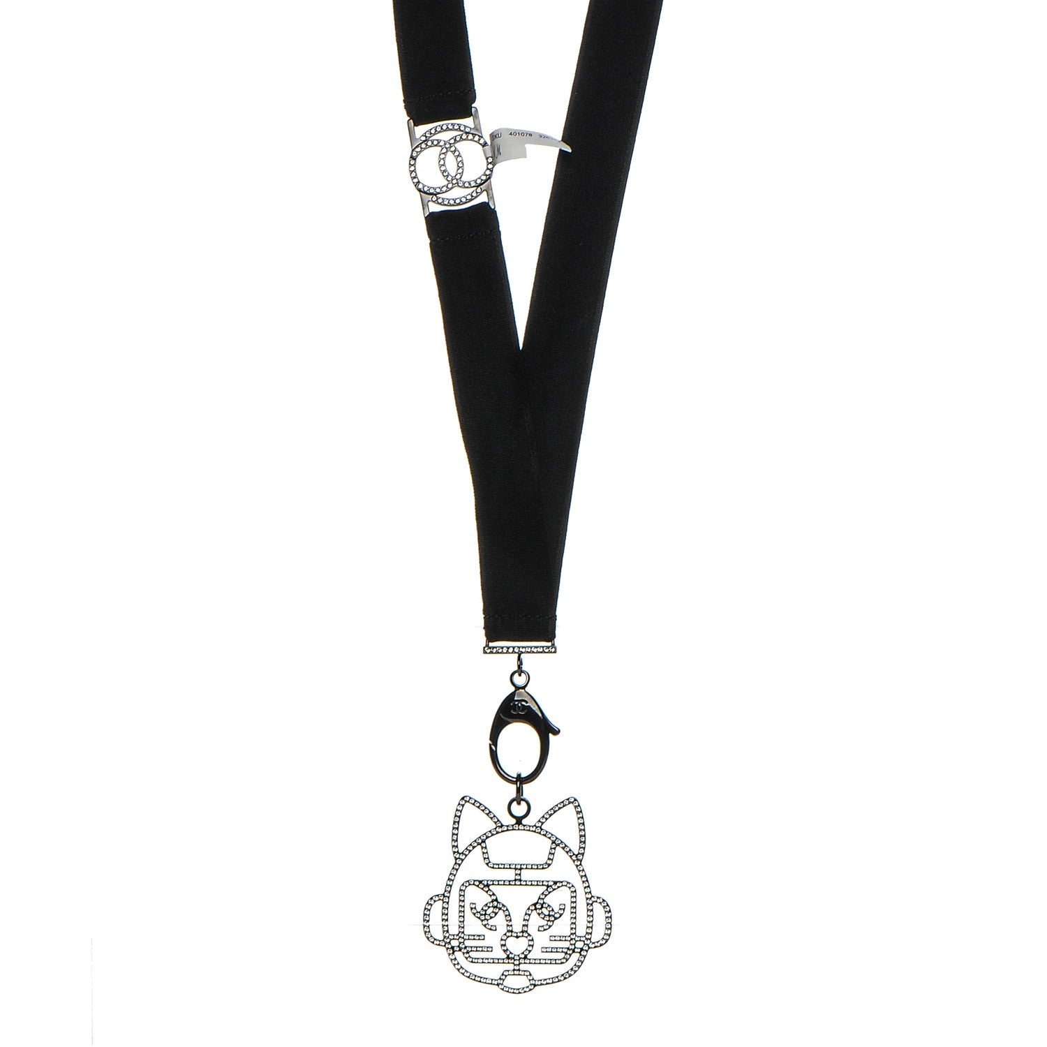 Chanel Crystal CC Emoji Robot Cat Lanyard Necklace Black Silver 1 of 5