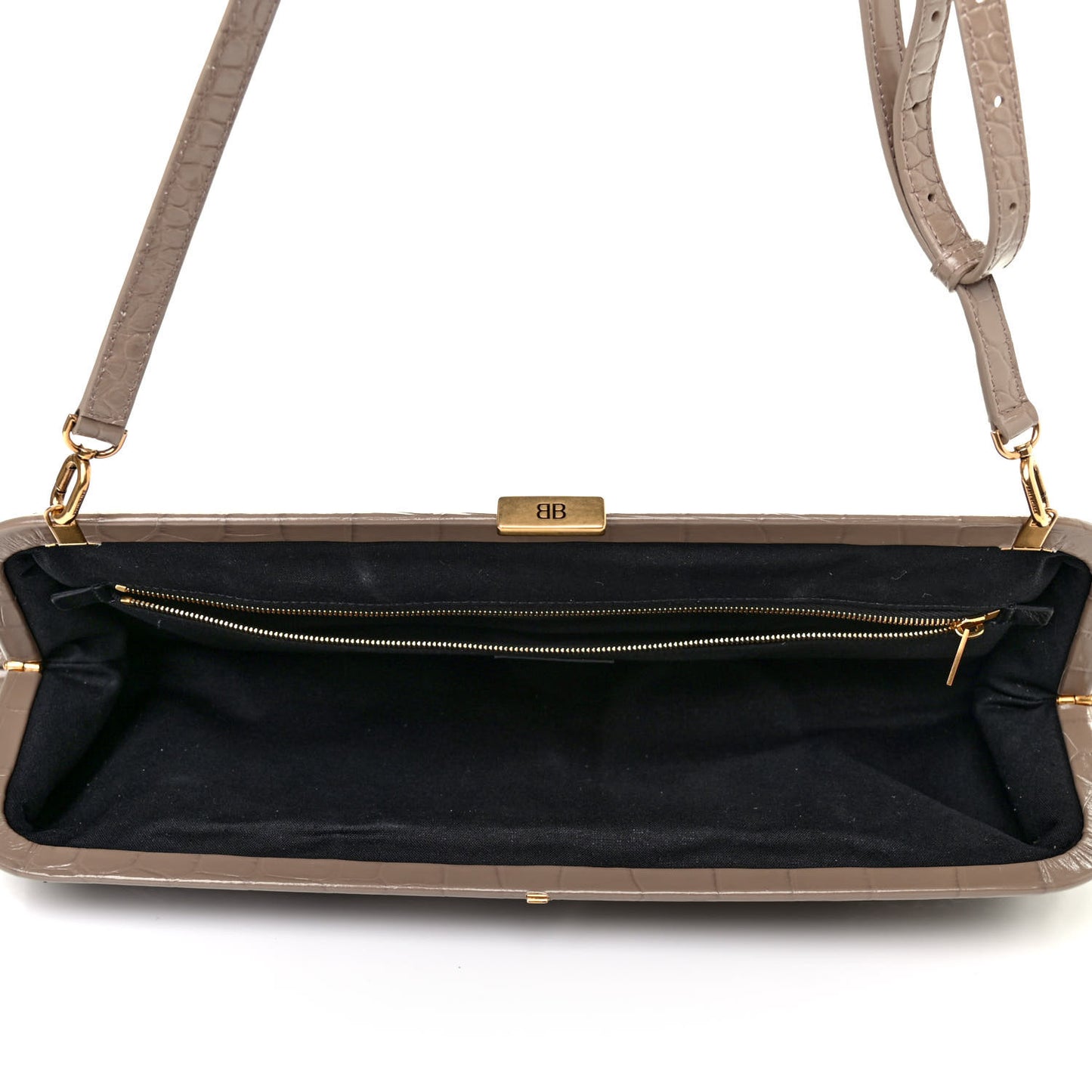 Shiny Supple Calfskin Logo Crocodile Embossed XL Cloud Clutch Mink Grey White
