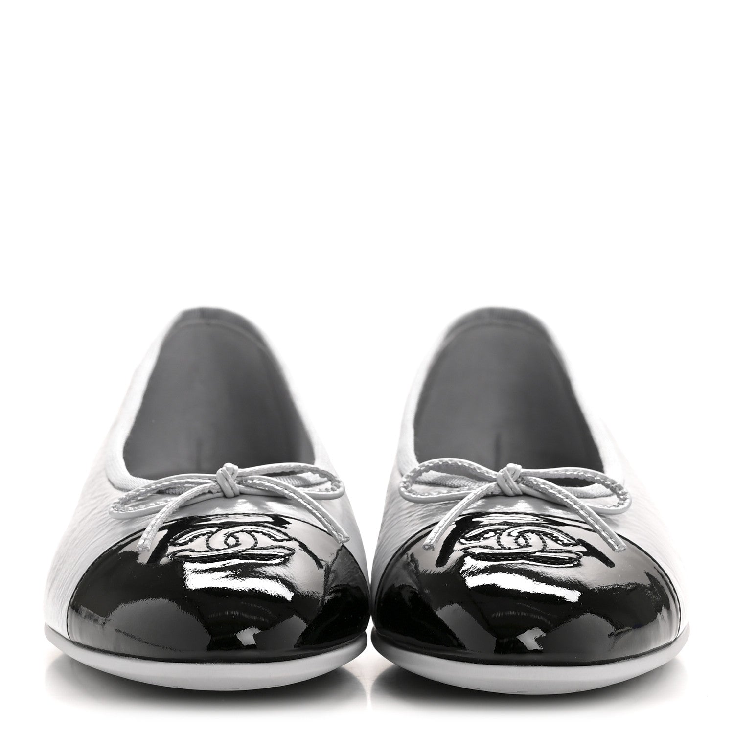 Chanel Shiny Crumpled Calfskin Patent CC Cap Toe Ballerina Flats 41 Grey Black 3 of 10