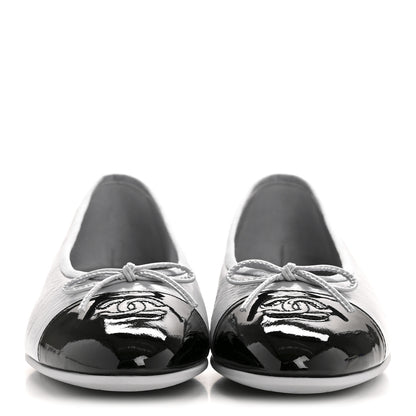 Chanel Shiny Crumpled Calfskin Patent CC Cap Toe Ballerina Flats 41 Grey Black 3 of 10