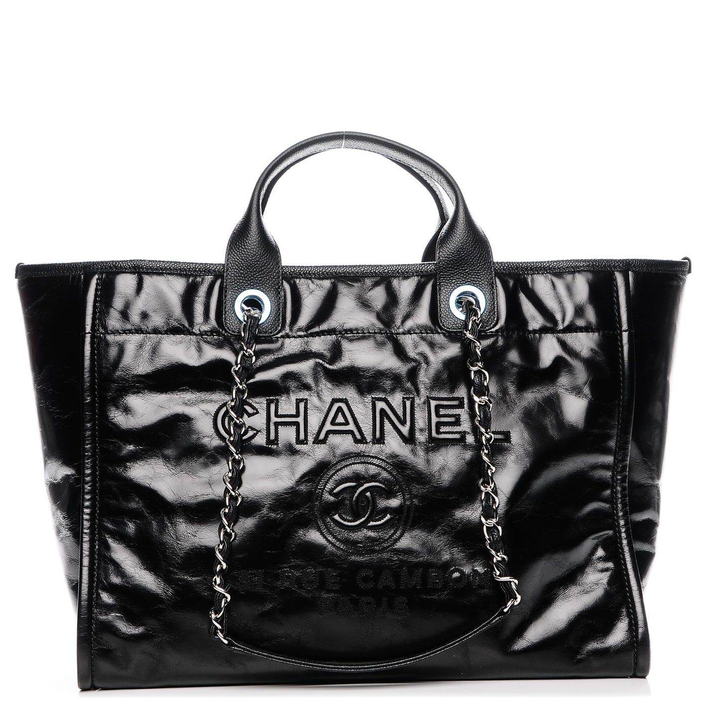 Glazed Calfskin Large Deauville Tote Black