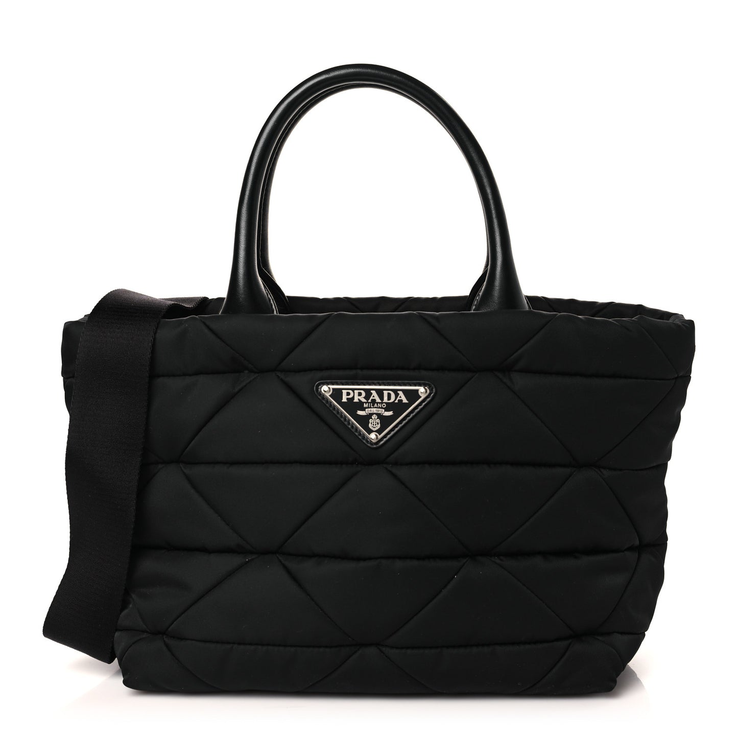 Re-Nylon Nappa Triangle Quilted Padded Small Double Handled Zip Tote Black