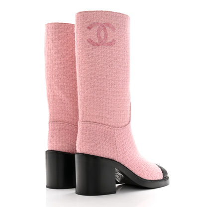 Chanel Wool Tweed Calfskin Cap Toe High Boots 39.5 Light Pink Black 4 of 11