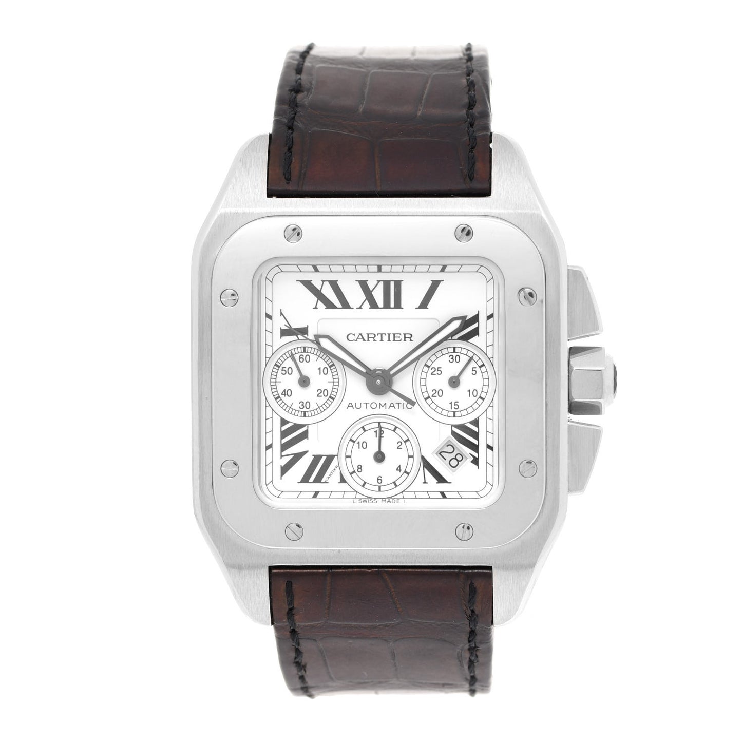 Stainless Steel Alligator 41mm Santos 100 Chronograph Automatic Watch Brown