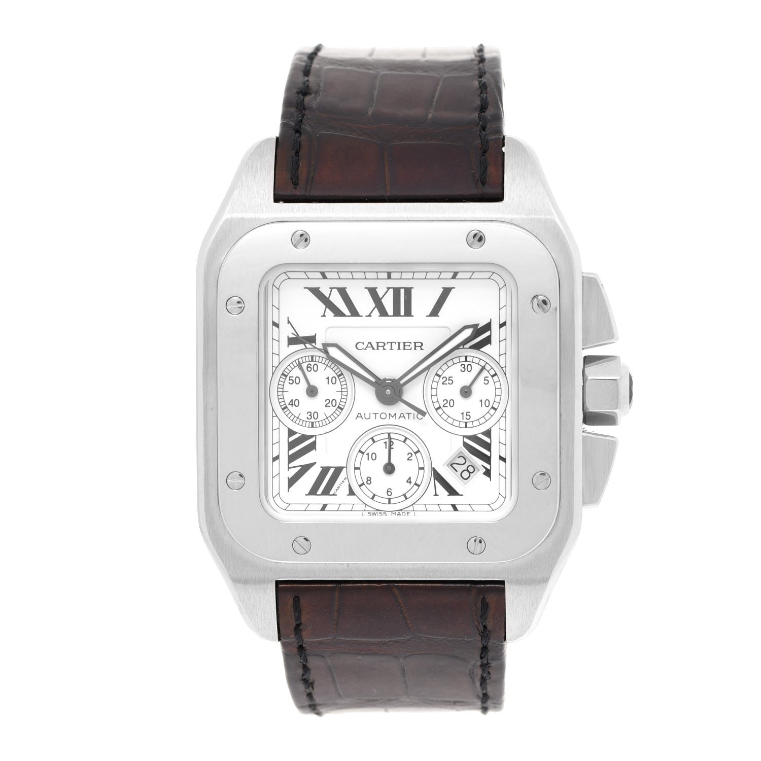 Cartier Stainless Steel Alligator 41mm Santos 100 Chronograph Automatic Watch Brown 1 of 5