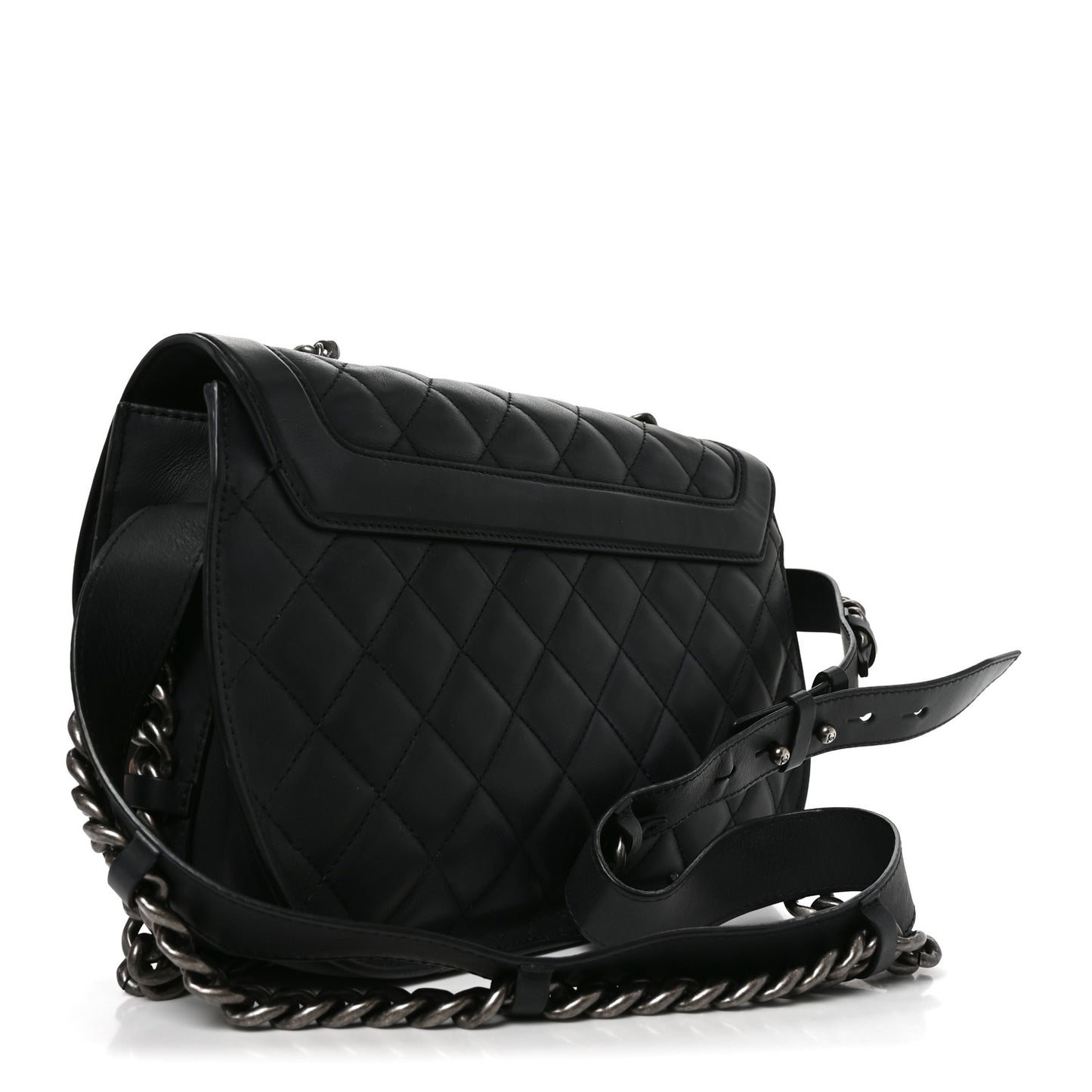 Calfskin Quilted Medium Double Chained Messenger Flap  Black