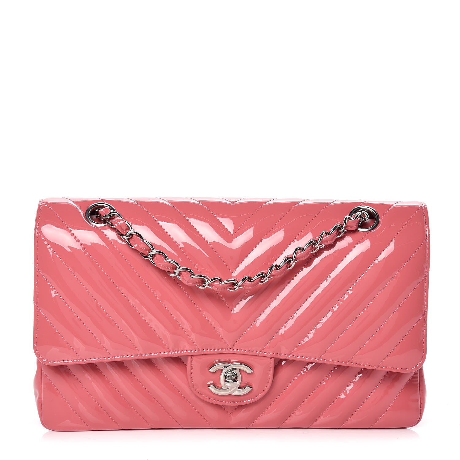 Chanel Patent Chevron Quilted Medium Double Flap Pink 1 of 9