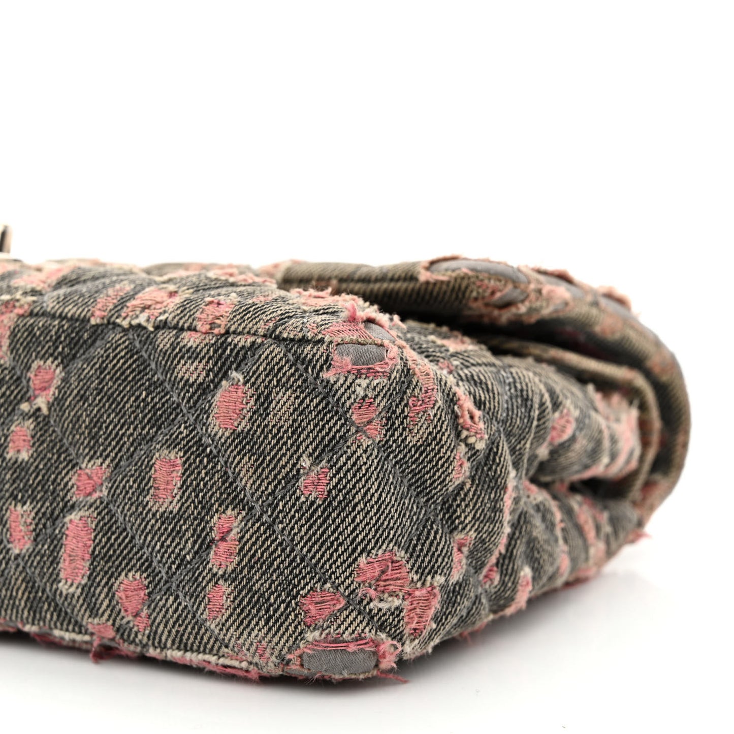 Distressed Denim Quilted Medium Double Flap Grey Pink