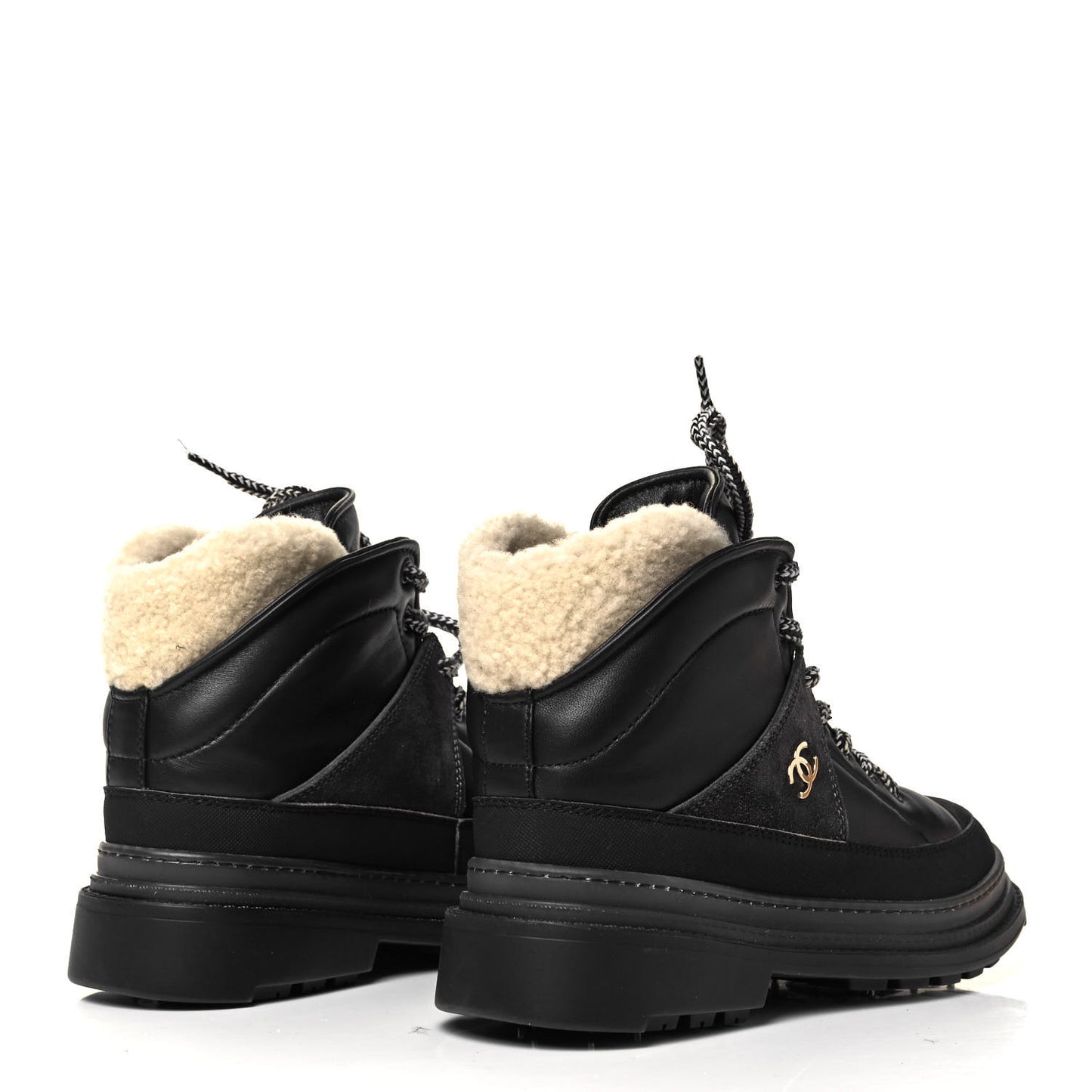 Lambskin Shearling Suede CC High Lace Up Boots 37 Black