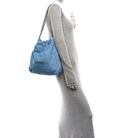 Denim Quilted Small Chanel 22 Light Blue